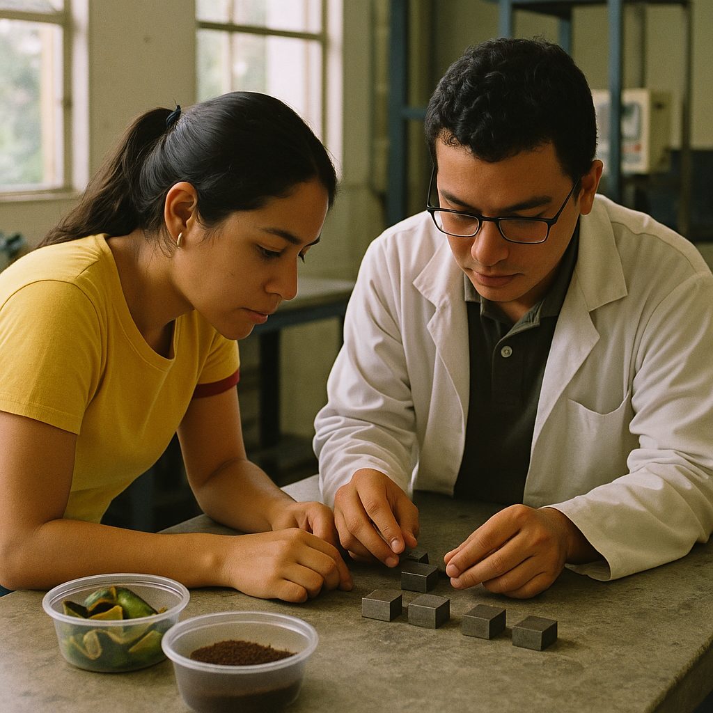 Investigadores colombianos observan muestras de metal en un laboratorio mientras se ven residuos de aguacate y café sobre una mesa de trabajo.