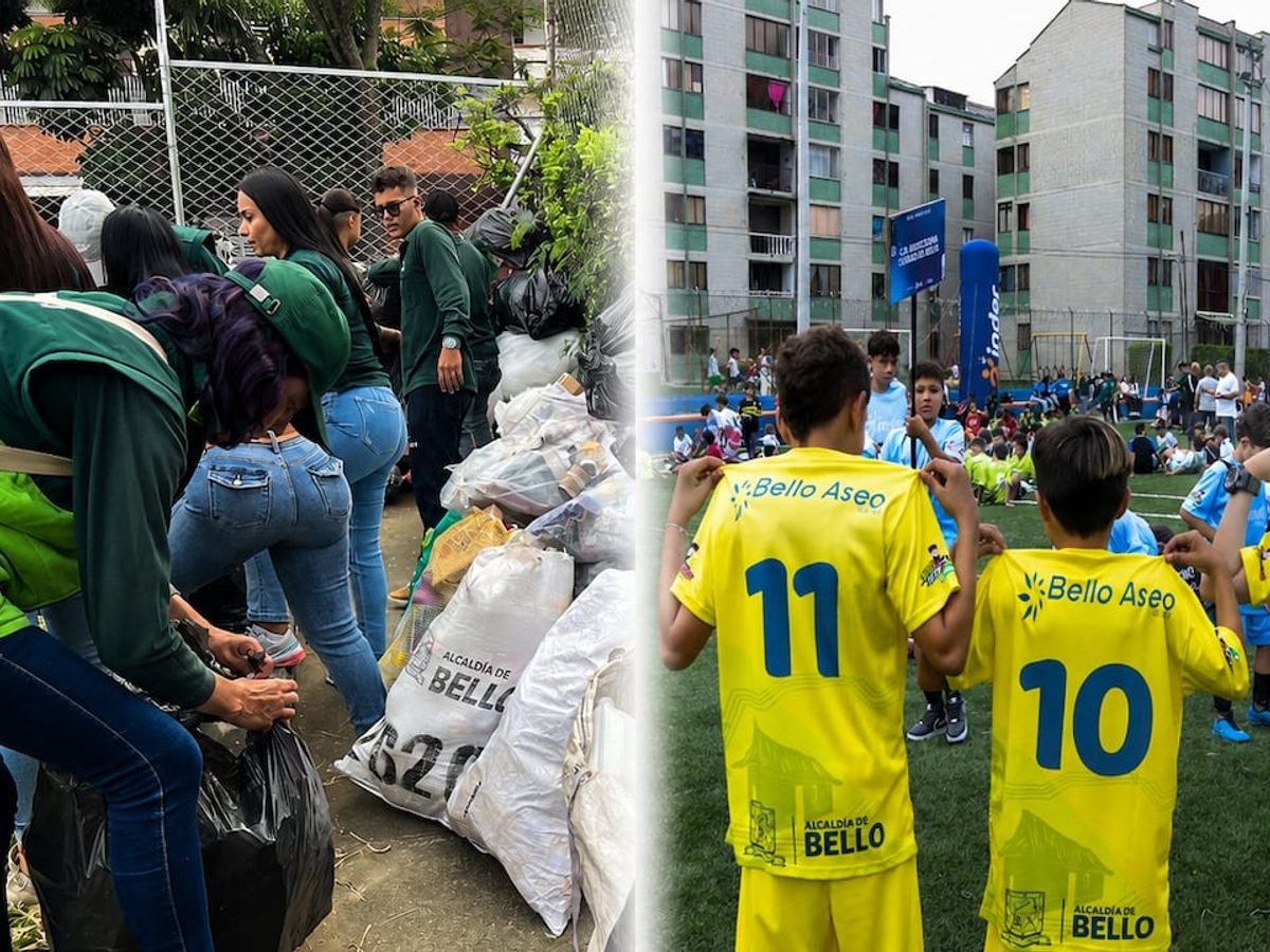 Niños y familias participando en una jornada de reciclaje para recibir uniformes de fútbol.